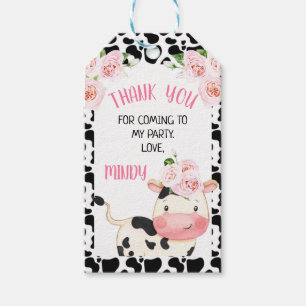 Floral Cow with Cow Print Birthday Favour tag
