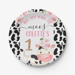 Floral Cow with Cow Print Birthday Paper Plate