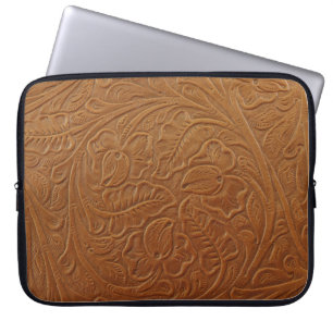 Floral cowboy western decor, tan brown leather. laptop sleeve