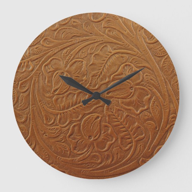 Floral cowboy western decor, tan brown leather. large clock (Front)