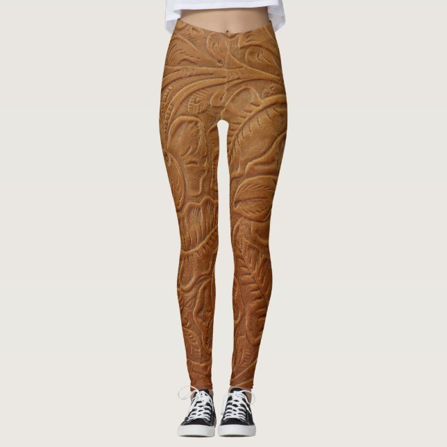 Floral cowboy western decor, tan brown leather. leggings (Front)