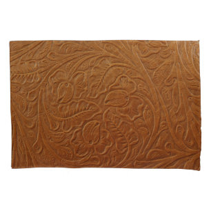 Floral cowboy western decor, tan brown leather. pillowcase