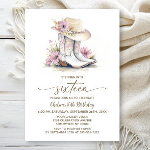 Floral Cowgirl Boots and Hat 16th Birthday Party Invitation