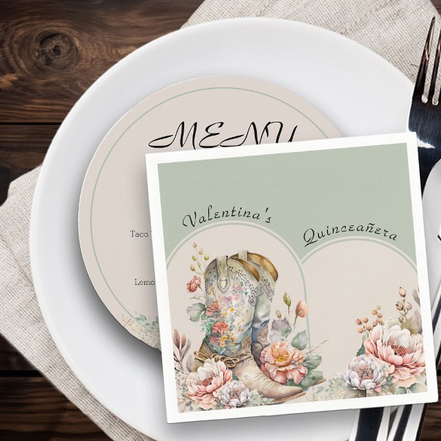 Floral Cowgirl Boots Boho Western Personalized Napkin (Editable Napkin from my Boho Floral Cowgirl Boots Quinceanera Collection)