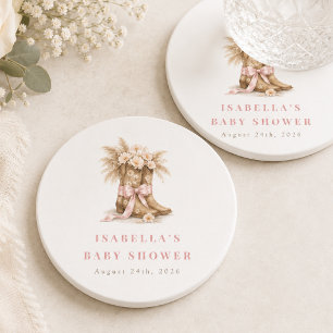 Floral Cowgirl Boots Coquette Pink Bow Baby Shower Round Paper Coaster