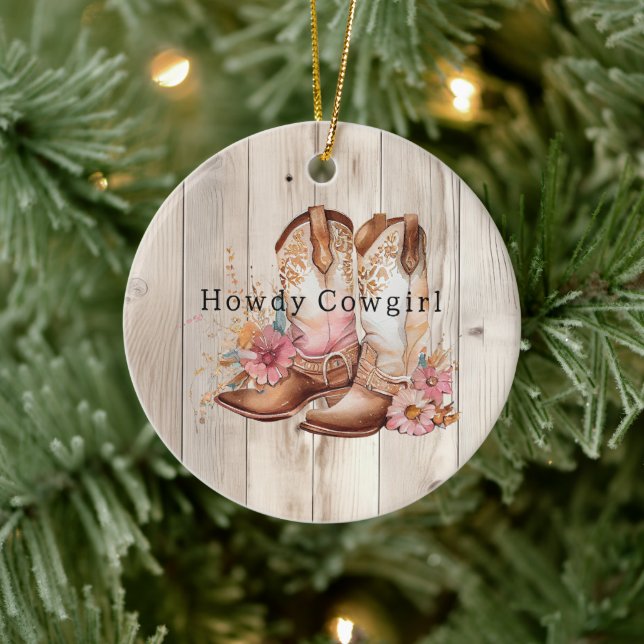 Floral Cowgirl Boots Ivory Faux Wood Personalized  Ceramic Ornament (Tree)