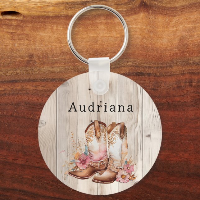 Floral Cowgirl Boots Ivory Faux Wood Personalized  Keychain (Front)