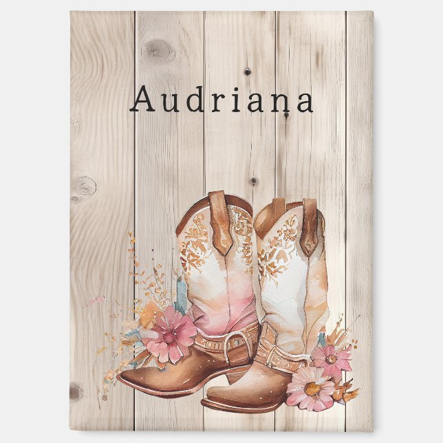 Floral Cowgirl Boots Ivory Faux Wood Personalized  Magnet (Front)