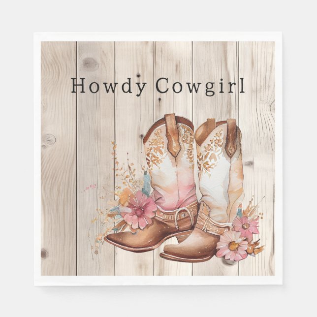 Floral Cowgirl Boots Ivory Faux Wood Personalized  Napkin (Front)