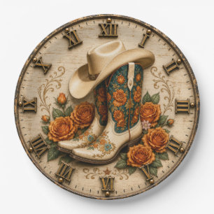 Floral Cowgirl Boots Western Cowboy Hat Rustic Paper Plate