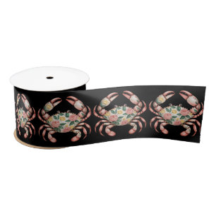 Floral Crab Art Coastal Design  Satin Ribbon