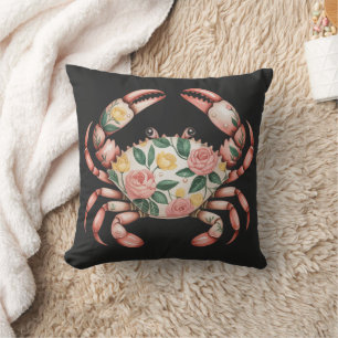 Floral Crab Art Coastal Design  Throw Pillow