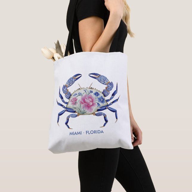 Floral Crab Coastal Nautical Beach Wedding Tote Bag (Close Up)