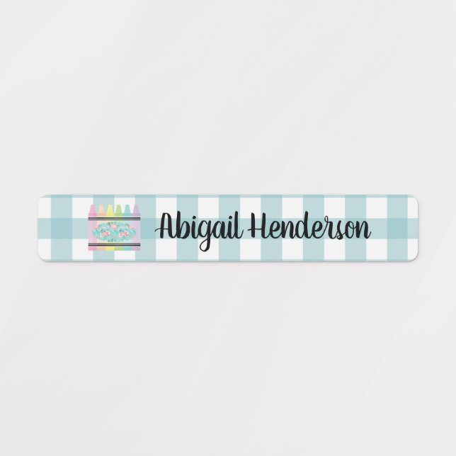 Floral Crayon Aqua Blue Plaid Nom Étiquettes (Design 1)