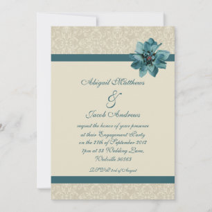 Floral Cream And Teal Blue Engagement Party Invite