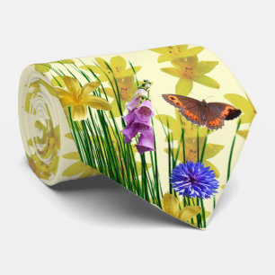 Floral Cream Dragonfly Butterfly Neck Tie
