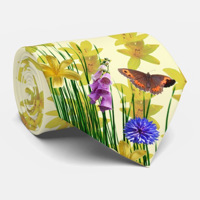 Floral Cream Dragonfly Butterfly Neck Tie (Rolled)