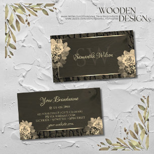 Floral Cream Gold Dark Brown Wood Grain Monogram Business Card