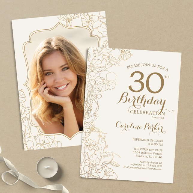 Floral Cream Gold Photo 30th Birthday Party Invitation (Creator Uploaded)