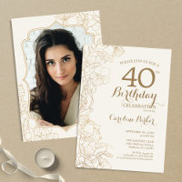 Floral Cream Gold Photo 40th Birthday Party