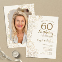 Floral Cream Gold Photo 60th Birthday Party