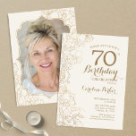 Floral Cream Gold Photo 70th Birthday Party Invitation<br><div class="desc">Floral Ivory Cream Gold Photo 70th Birthday Party Invitation. Minimalist modern design featuring botanical outline drawings accents and typography script font. Simple trendy invite card perfect for a stylish female bday celebration. Can be customized to any age. Printed Zazzle invitations or instant download digital printable template.</div>