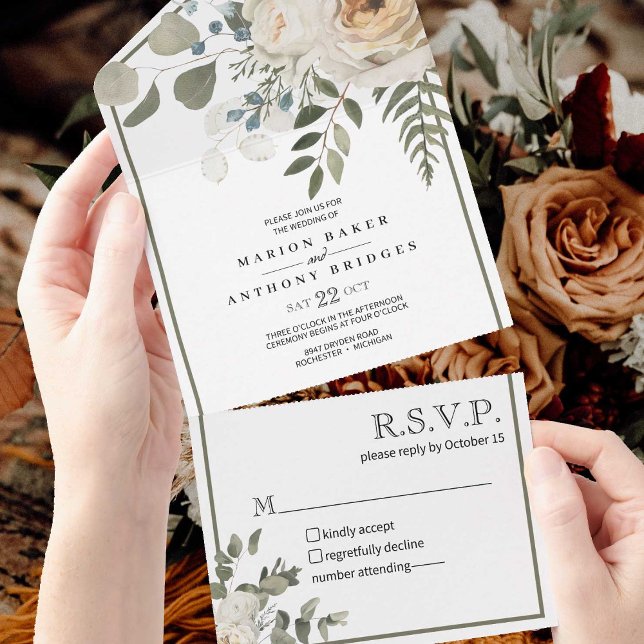 Floral Cream Off White Roses Greenery  Wedding All In One Invitation (Lovely cream colored roses with eucalyptus and ferns make a bold statement.)