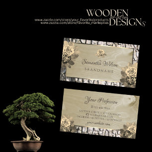 Floral Cream Roses Natural Wood Grain Tree Bark Business Card