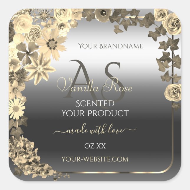 Floral Cream Silver Product Labels with Monogram (Front)