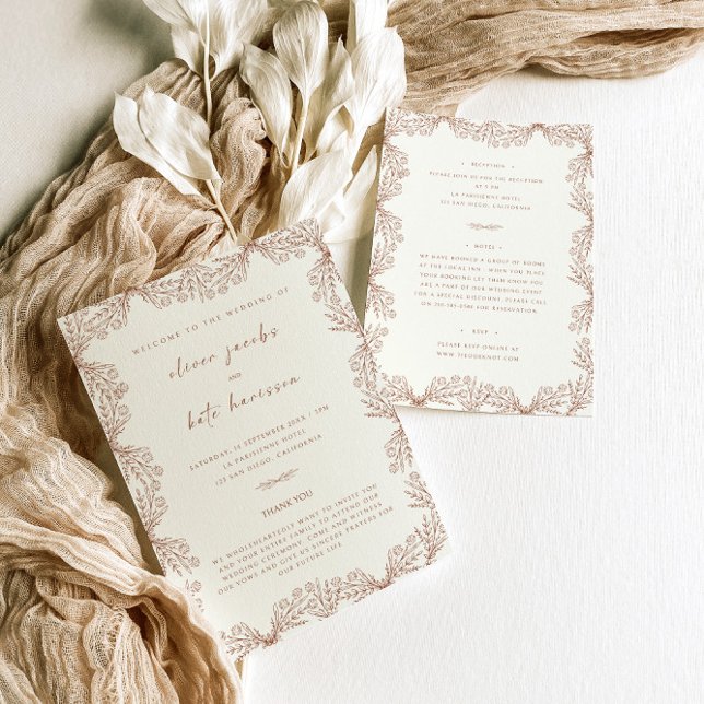 Floral Cream Terracotta Front & Back Wedding  Invitation (Creator Uploaded)