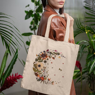 Floral Crescent Moon l Pressed Flower Artwork Tote Bag