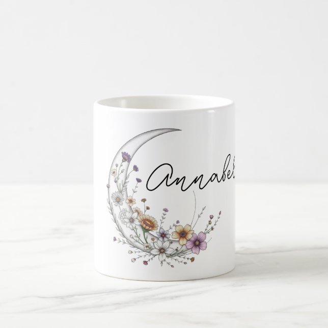 Floral Crescent Moon Personalized Celestial Art Coffee Mug (Center)