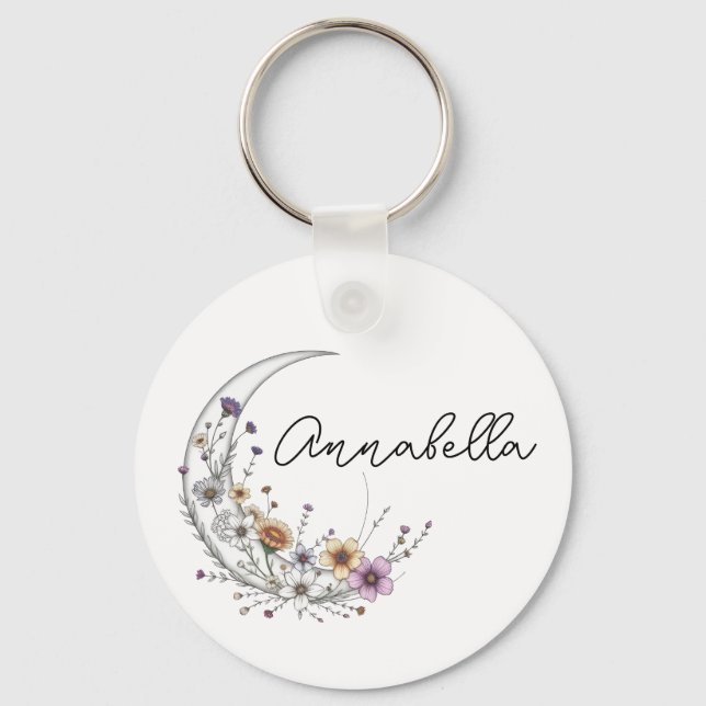 Floral Crescent Moon Personalized Celestial Art Keychain (Front)