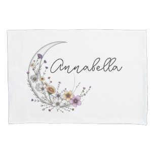 Floral Crescent Moon Personalized Celestial Art Pillowcase