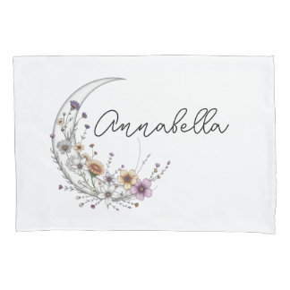 Floral Crescent Moon Personalized Celestial Art Pillowcase
