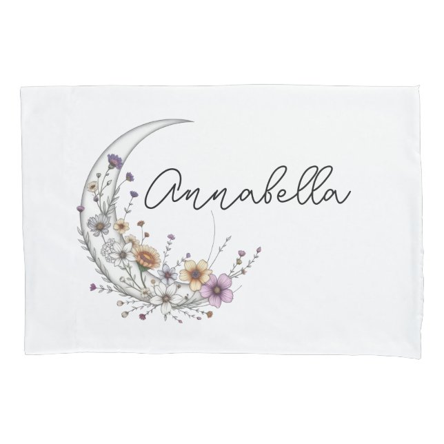 Floral Crescent Moon Personalized Celestial Art Pillowcase (Front)