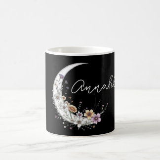 Floral Crescent Moon Personalized Name on Black Coffee Mug