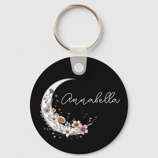 Floral Crescent Moon Personalized Name on Black Keychain (Front)