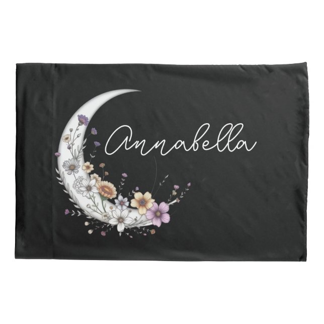 Floral Crescent Moon Personalized Name on Black Pillowcase (Back)