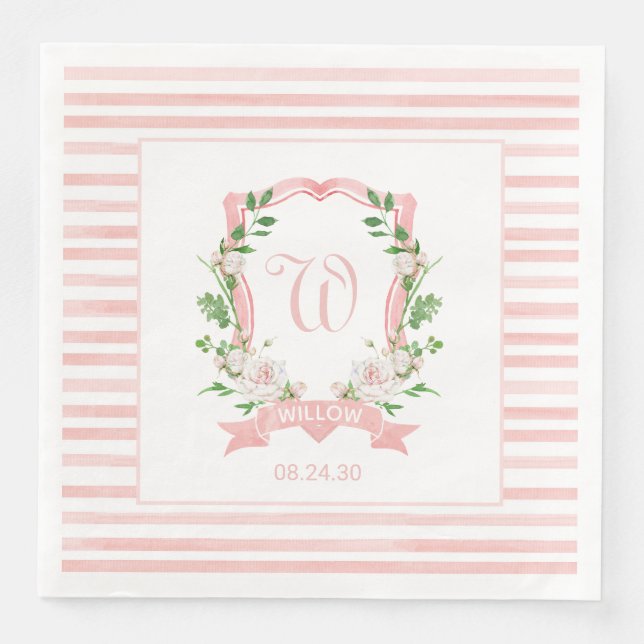 Floral Crest Baby Shower Paper Dinner Napkins (Front)