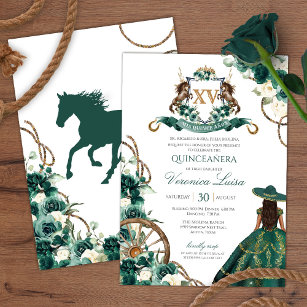 Floral Crest Emerald Green Charro Quinceanera Invi Invitation