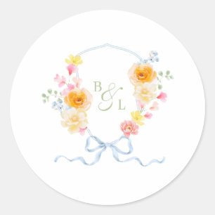 Floral Crest Monogram Blue Bow Spring Wedding Classic Round Sticker