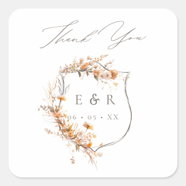 Floral Crest Monogram Fall Wedding Thank You Square Sticker (Front)