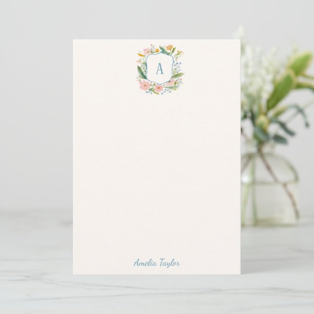 Floral Crest Monogram Personalized Stationery Card (Standing Front)