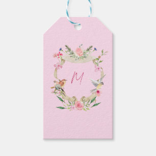 Floral Crest Monogram Pink Gift Tags