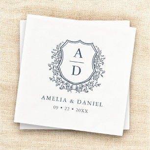 Floral Crest Navy Blue Wedding Monogram Napkin
