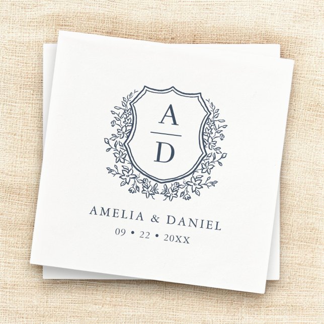 Floral Crest Navy Blue Wedding Monogram Napkin (Creator Uploaded)