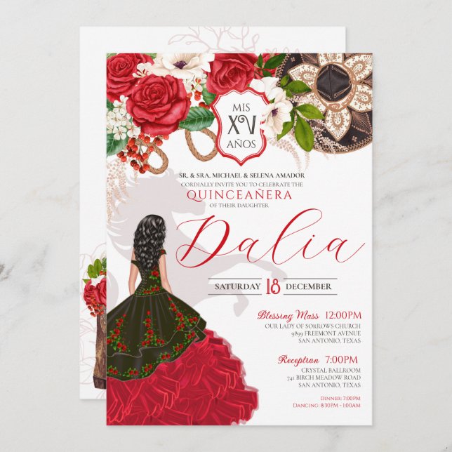 Floral Crest Red Rose Charro Quinceañera Invitation (Front/Back)