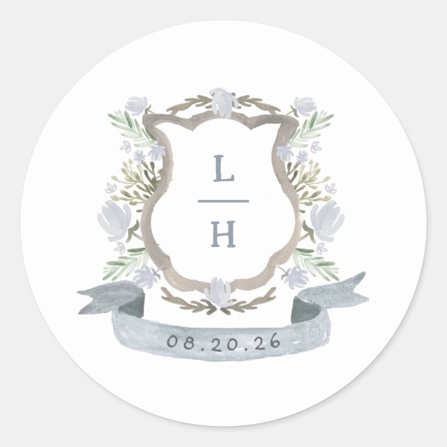 Floral Crest Watercolor Monogram Wedding Classic Round Sticker (Front)