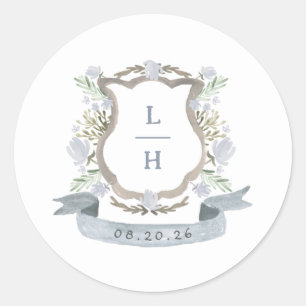 Floral Crest Watercolor Monogram Wedding Classic Round Sticker
